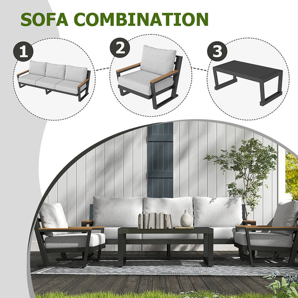 English Elm Aluminum 5-Seat Outdoor Sectional Sofa Set with Coffee Table, Waterproof Olefin Cushions, Grey Modern W2775S00013