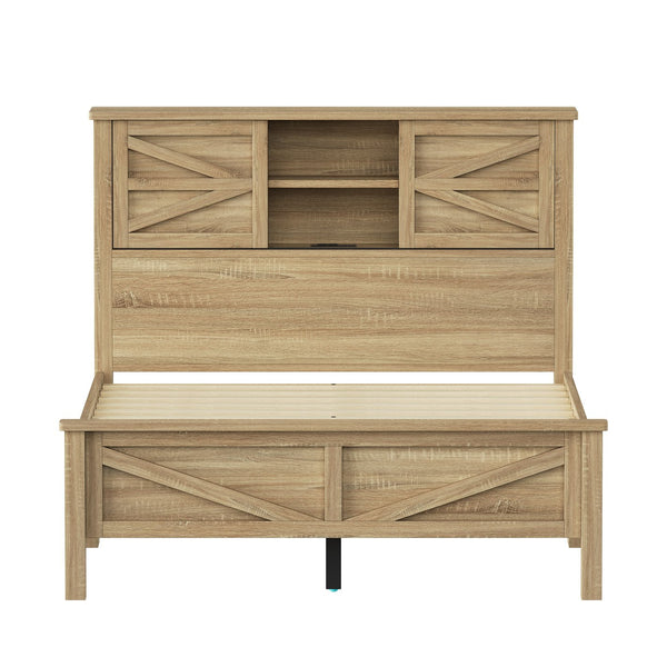 English Elm 3-Pieces Bedroom Set Full Size Farmhouse Platform Bed with Storage Headboard, Nightstand & Dresser Natural 59.25 L x 18.31 W x 8.27 H N733S369048M
