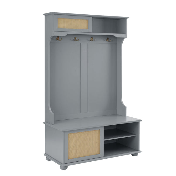 English Elm Clothes Hall Tree Storage Bench with Adjustable Shelves, Sliding Doors, Solid Poplar Feet & Shoe Bench Gray W2275P210041