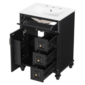 English Elm 24 Inch Freestanding Bathroom Vanity Solid Rubberwood Ceramic Sink Matte Finish Storage Black N725P375626B