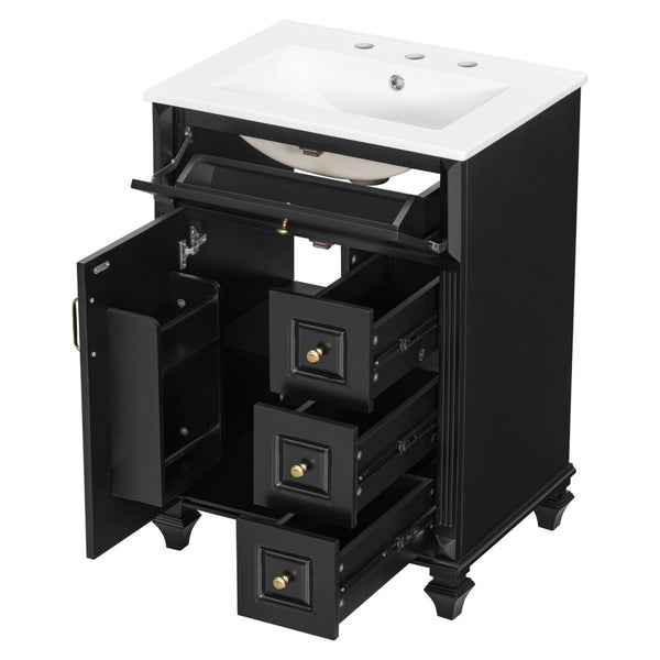 English Elm 24 Inch Freestanding Bathroom Vanity Solid Rubberwood Ceramic Sink Matte Finish Storage Black N725P375626B