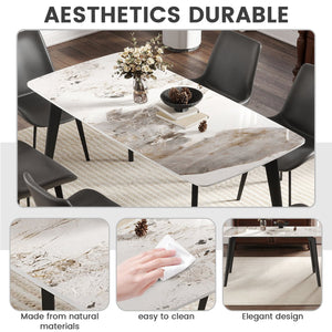 English Elm 62.99" Modern Artificial Stone White Dining Table With Curved Edges & Black Metal Legs For 6 People W1535S00517