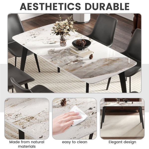 English Elm 62.99" Modern Artificial Stone White Dining Table With Curved Edges & Black Metal Legs For 6 People W1535S00517