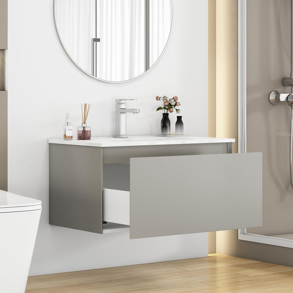 English Elm 32-Inch Wall-Mounted Bathroom Vanity With Soft-Close Drawer, Durable Ceramic Sink, Mocha Gray Finish W3151S00043