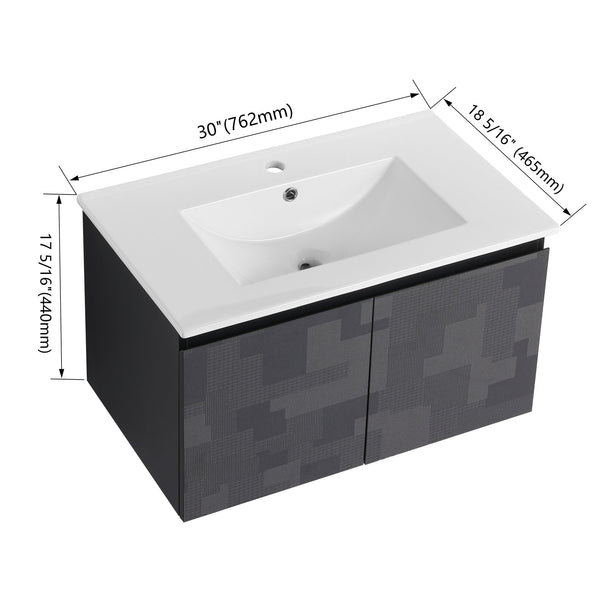 English Elm 30'' Floating Wall-Mounted Bathroom Vanity Set With Ceramic Sink, Soft-Close Doors & Modern Design W999S00209
