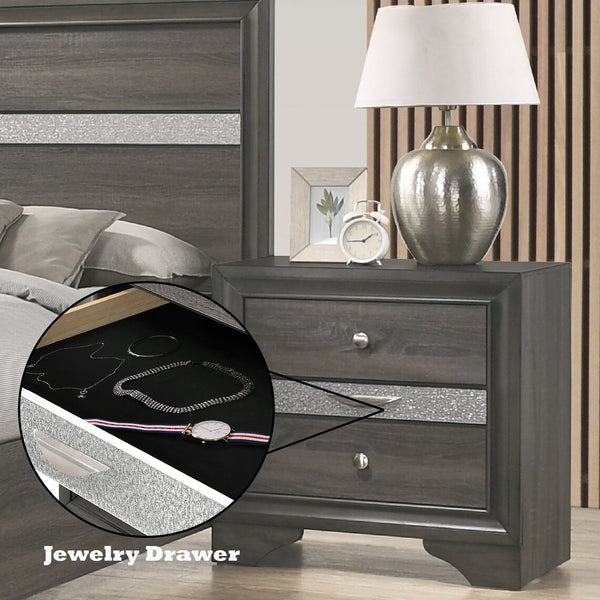 English Elm Naima Gray Finish Nightstand with Jewelry Drawer, Textured Surface, Silver Knobs, Elegant Curved Legs B2726P261247