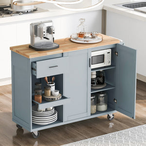 English Elm K&K Kitchen Island With Foldable Counter Top, Kitchen Storage Cart With Slide-Out Shelf, Towel Rack and Drawer, Rolling Kitchen Cart On Wheels, For Kitchen, Living Room, Dining Room, Grey Blue