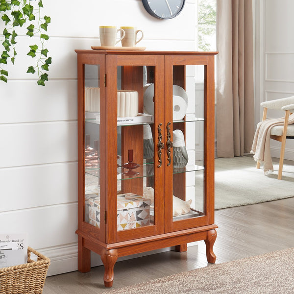 English Elm 2 Doors Curio Cabinet with Mirrored Back, Tempered Glass, Adjustable Shelves, Lighted Display, Dark Oak Finish (98) W2275P300143