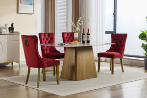 English Elm Mid-Century Lion Head Pull Ring Velvet Dining Chair with Tufted Cushion, Gold Wood Legs, Nailhead Trim WINE RED W1143P233645