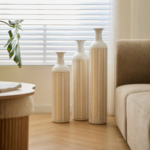 English Elm Floor Metal Vases Set Of 3 - Modern Gold & White Decorative Cylindrical Vases For Elegant Interiors W2796P255615