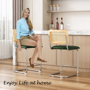 English Elm Farini Velvet Counter Height Bar Stools Set of 2 with Rattan Back, Cantilever Comfort & Floor Protectors Green T3623P354967