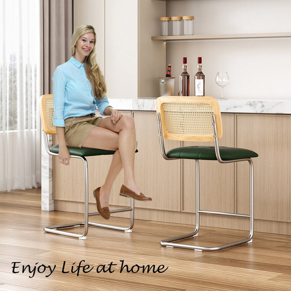 English Elm Farini Velvet Counter Height Bar Stools Set of 2 with Rattan Back, Cantilever Comfort & Floor Protectors Green T3623P354967