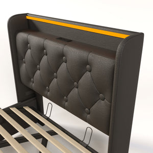 English Elm Twin Upholstered Bed with Hydraulic Storage, Surround LED, App/Remote Control & USB Type-C Charging Black N736P188805B