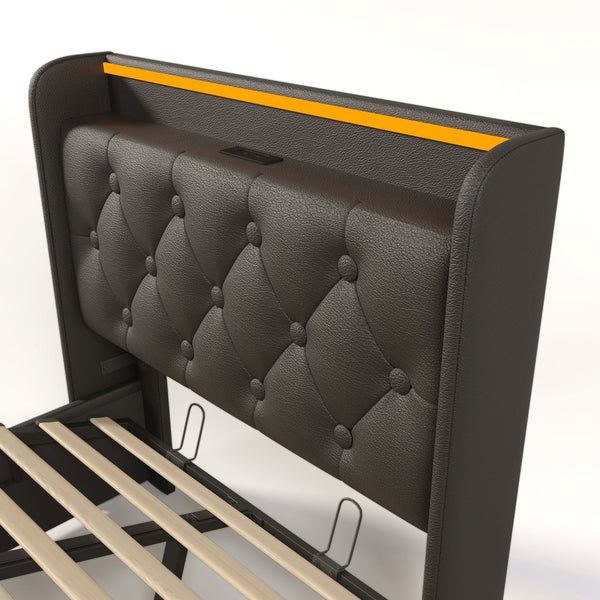 English Elm Twin Upholstered Bed with Hydraulic Storage, Surround LED, App/Remote Control & USB Type-C Charging Black N736P188805B