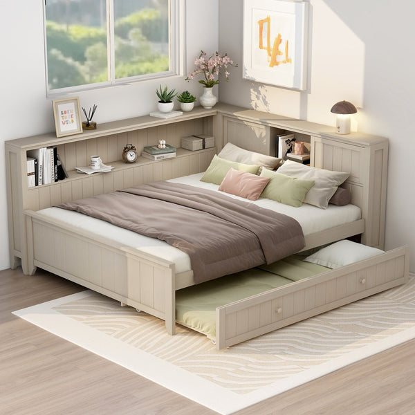 English Elm Full Full Size Wood Daybed with Trundle, Antique White Milk Finish, Built-In Storage Shelves & Charming Design N7090002225K