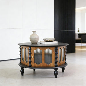 English Elm 31.5-inch Round Carved Wood Coffee Table Vintage Distressed Finish Living Room Accent W3935P406106