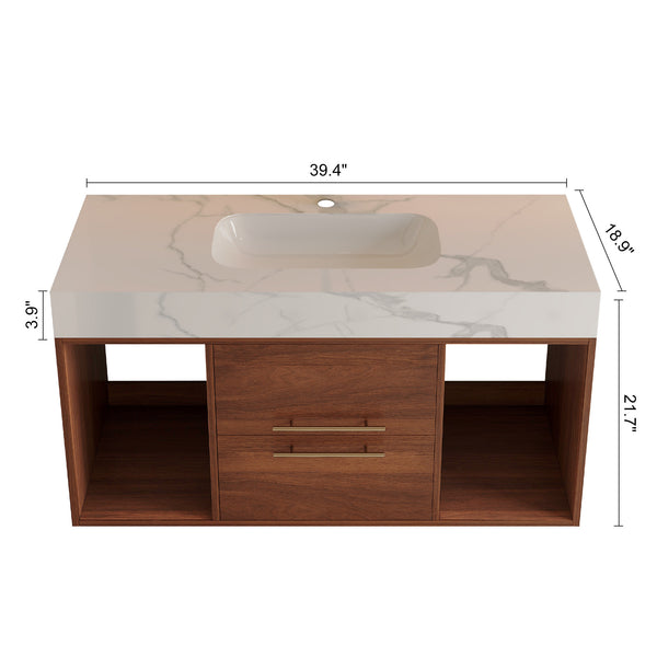 English Elm 39.4'' Floating Bathroom Vanity with Ceramic Sink and Sintered Stone Top, Wall-Mount Modern Design White+Walnut W3136S00020