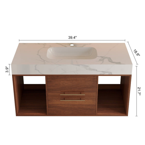 English Elm 39.4 Inch Floating Bathroom Vanity Sintered Stone Top Solid Wood 2 Soft Close Drawers W3136S00034