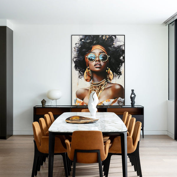 English Elm African African American Woman Canvas Wall Art Curly Hair Sunglasses Orange Headwrap Earrings Chic Afrocentric Decor for Living Room Bedroom Office W3374P322229