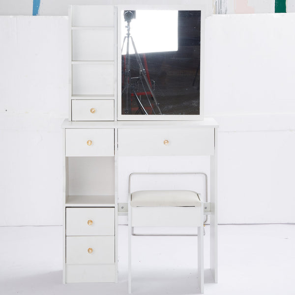 English Elm 29.2" Stylish Compact Vanity Table Set With Cushioned Stool & Large Sliding Mirror For Small Spaces W936P226026