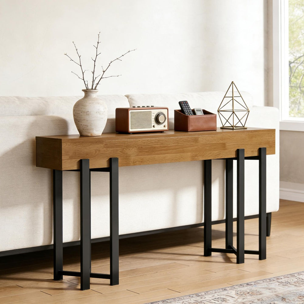 English Elm Practical Geometric Console Table with Matte Black Wood Grain Finish for Entryway or Sofa T3971P452927