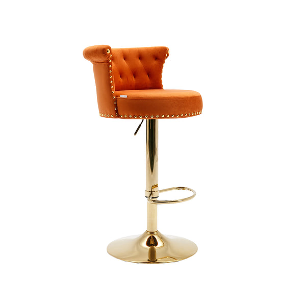 English Elm UNITED Velvet 360° Rotating Bar Chair with Diamond Stitching, Gold Frame, Plush Foam Seat, Adjustable Height Orange W1568P361721