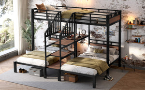 English Elm Twin Triple Bunk Bed Black Metal Frame with Built-in Storage Stairs and Shelves W1580S00619