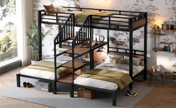 English Elm Twin Triple Bunk Bed Black Metal Frame with Built-in Storage Stairs and Shelves W1580S00619