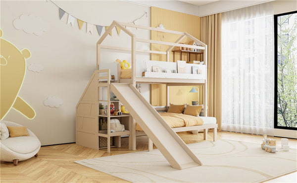 English Elm House-shaped Pine Bunk Bed with Built-in Slide Storage Staircase Twin Over Full Kids Frame Beige+White N820S00082A