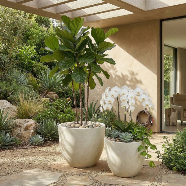 English Elm Round Handcrafted Concrete Planter Set Textured Matte Finish Patio Entryway Garden W347P449342