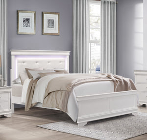 English Elm Glam Queen Bed with Faux Alligator Embossed Panels, Crystal-Tufted LED Backlit Headboard, Luxe Appeal White 79 L x 8 W x 5 H B011S02036