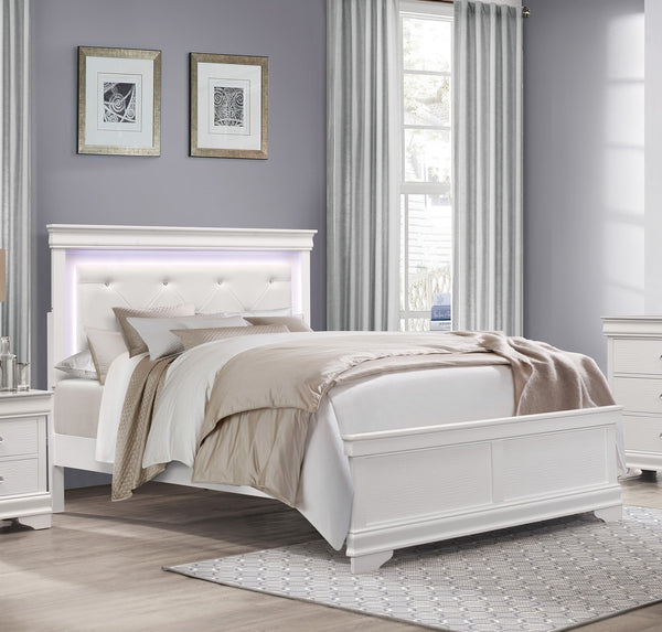 English Elm Glam Queen Bed with Faux Alligator Embossed Panels, Crystal-Tufted LED Backlit Headboard, Luxe Appeal White 79 L x 8 W x 5 H B011S02036