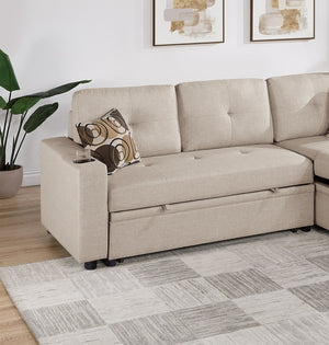 English Elm Beige Convertible Sectional Sofa with Pull-Out Bed, Reversible Storage Chaise & Dual Cupholders B011S01022