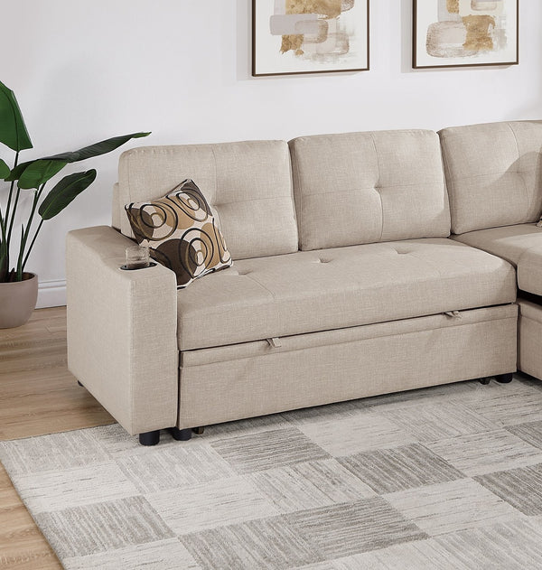 English Elm Beige Convertible Sectional Sofa with Pull-Out Bed, Reversible Storage Chaise & Dual Cupholders B011S01022