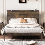 English Elm Farmhouse Wooden Platform Full Size Bed, Modern Platform Bed With Two Bedside Lights, Antique Walnut