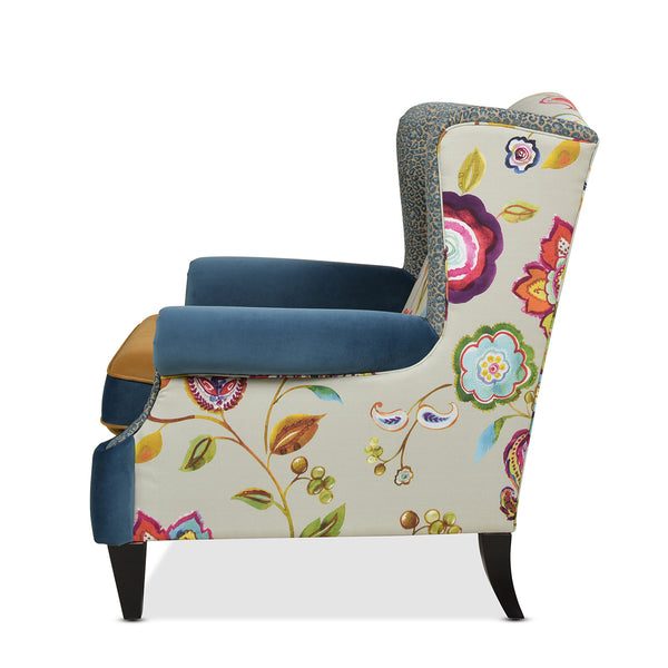 English Elm Jennifer Taylor Home - Anya Boho Chic Wingback Accent Chair - Vibrant Floral & Leopard Print In Blue-Teal & Yellow-Gold B2719P238252