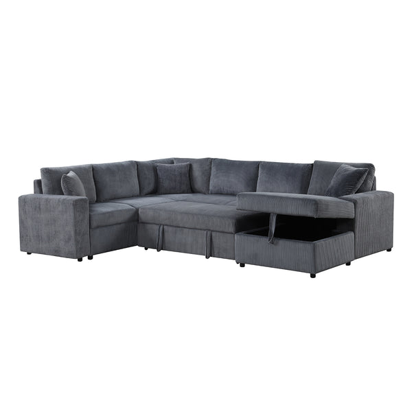 English Elm Corduroy Ultra-Soft Sleeper Sectional Sofa with Right-Facing Storage Chaise and Removable Throw Pillows, Gray Plush B016S00050
