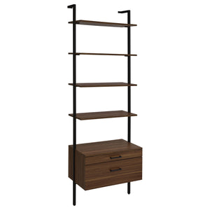 English Elm Wendell Rustic Walnut 4-Shelf Wall Bookcase with Drawer — Space-Saving Engineered Wood Storage, 96" high B062P375508