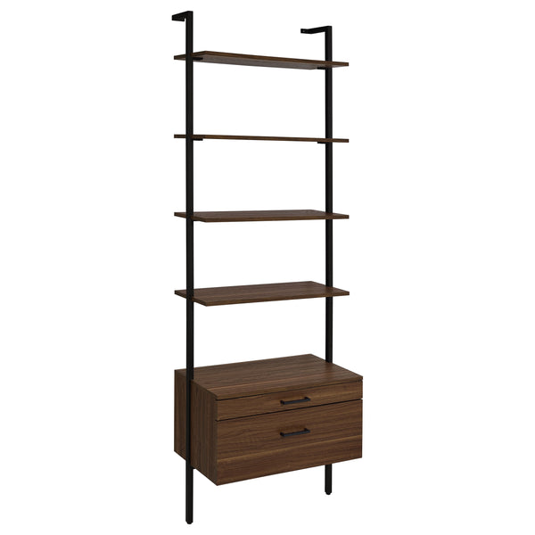English Elm Wendell Rustic Walnut 4-Shelf Wall Bookcase with Drawer — Space-Saving Engineered Wood Storage, 96" high B062P375508