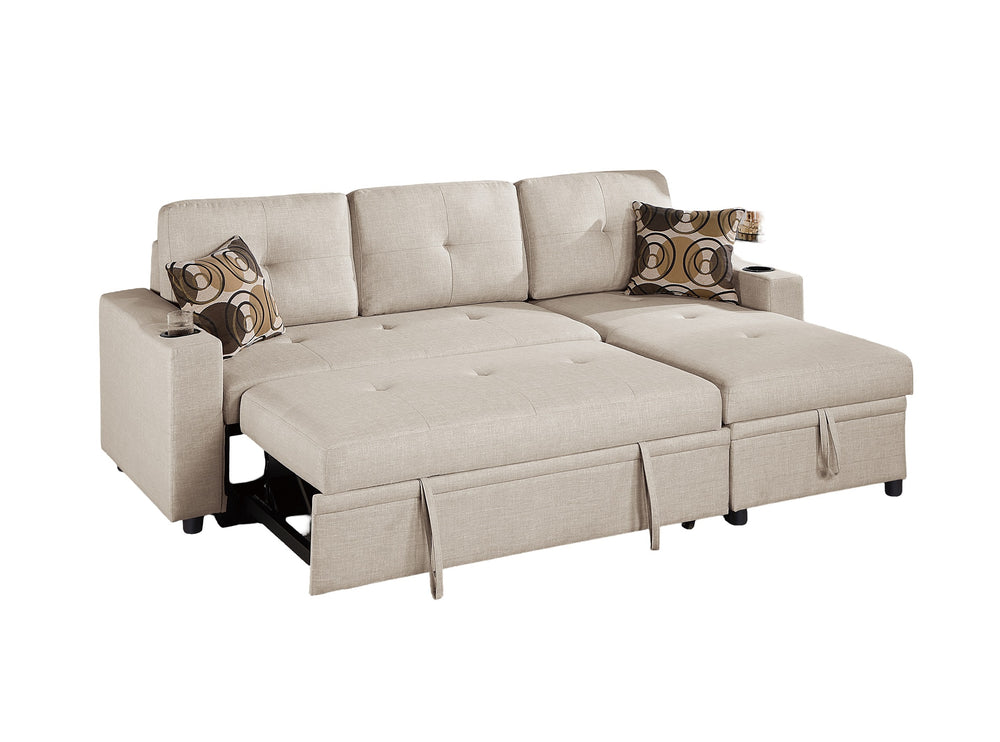 English Elm Beige Convertible Sectional Sofa with Pull-Out Bed, Reversible Storage Chaise & Dual Cupholders B011S01022