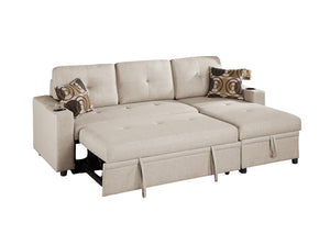 English Elm Beige Convertible Sectional Sofa with Pull-Out Bed, Reversible Storage Chaise & Dual Cupholders B011S01022