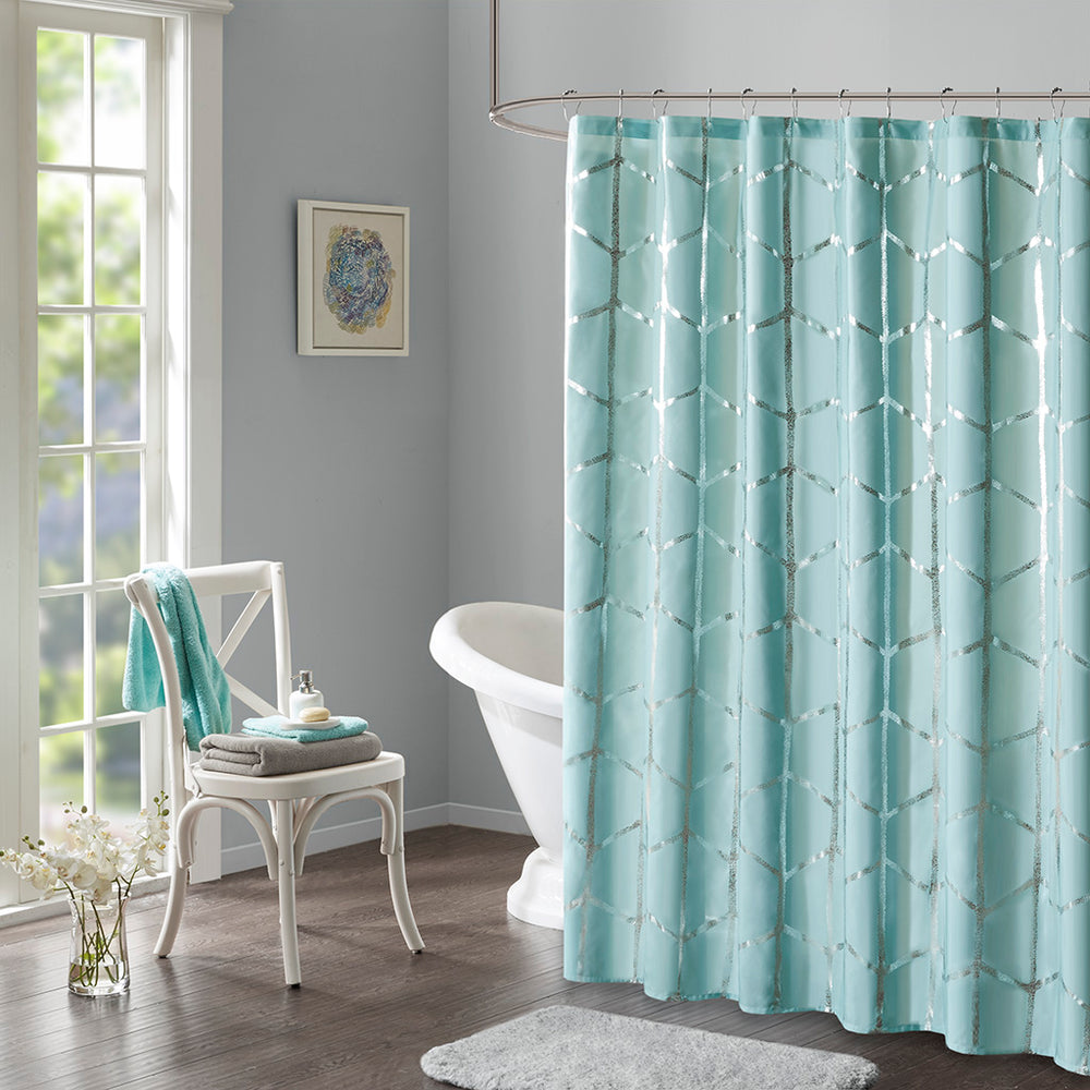 JLA Home Intelligent Design - Printed Metallic Shower Curtain with Geometric Metallic Print, Fade-Resistant Polyester, 72x72-Inch Aqua/Silver ID70-1291