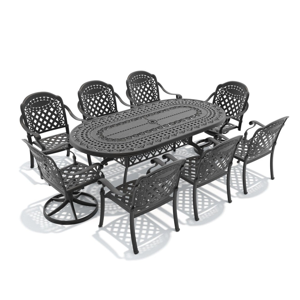 English Elm 9-piece Outdoor Cast Aluminum Dining Set with Oval Table and Swivel Chairs Included W1710S00383