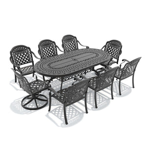 English Elm 9-piece Outdoor Cast Aluminum Dining Set with Oval Table and Swivel Chairs Included W1710S00383