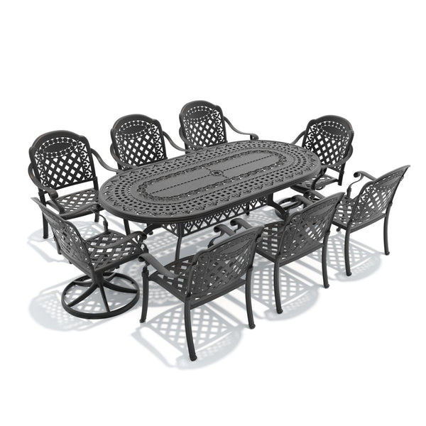 English Elm 9-piece Outdoor Cast Aluminum Dining Set with Oval Table and Swivel Chairs Included W1710S00383