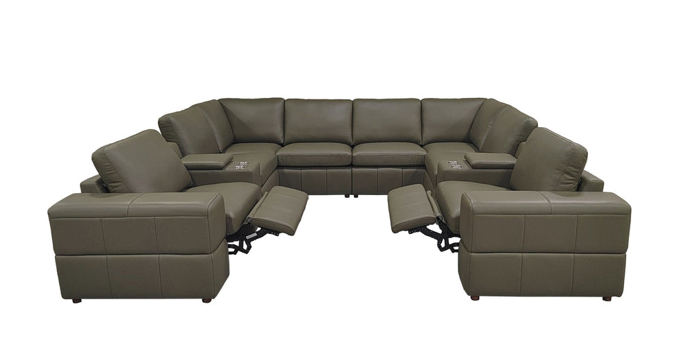 English Elm Premium Leather Match L-shaped Sectional with Dual Recliners and Built-in Console Olive Green B2748S00162