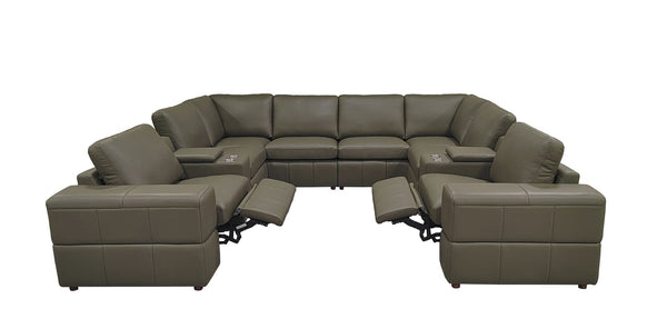 English Elm Premium Leather Match L-shaped Sectional with Dual Recliners and Built-in Console Olive Green B2748S00162