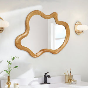 English Elm 33.46" Irregular Wall Mirror with Natural Wood Frame — Organic Flowing Shape, Clear Reflection, Easy Mounting W2295P365037