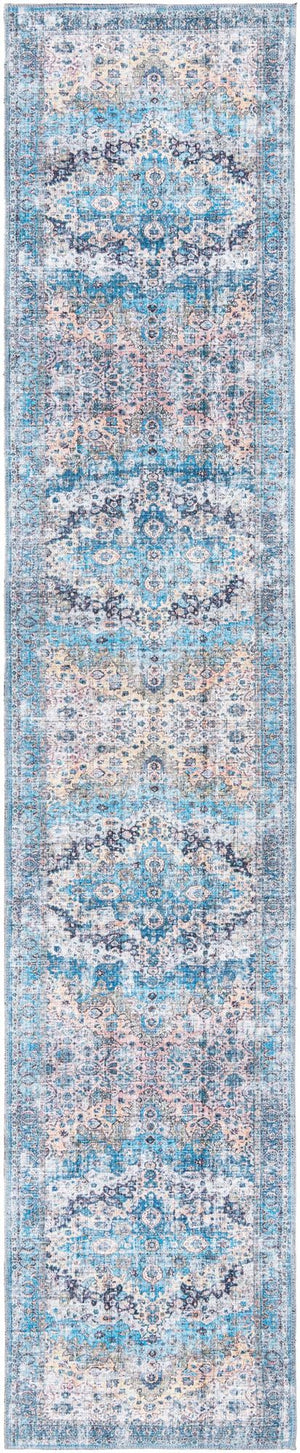 Unique Loom Mangata Mary Machine Made Border Rug Blue, Blue/Black/Beige/Ivory/Gray/Navy Blue/Peach/Turquoise 2' 7" x 13' 1"