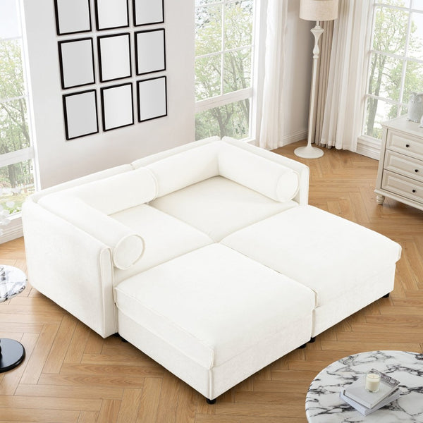 English Elm Stylish White Chenille Loveseat With Ottoman Storage, Ergonomic Backrest & Modular Design For Comfort W714S01036-GIGA